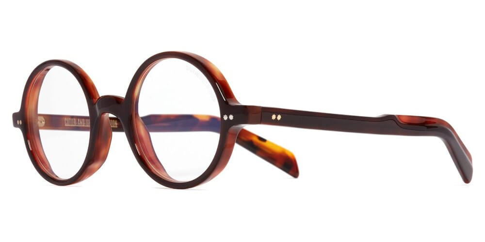Side view of circular Havana pattern spectacles frame