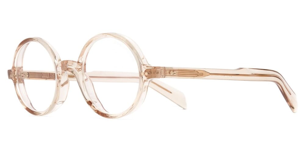 Side view of circular nude tinted crystal spectacle frame