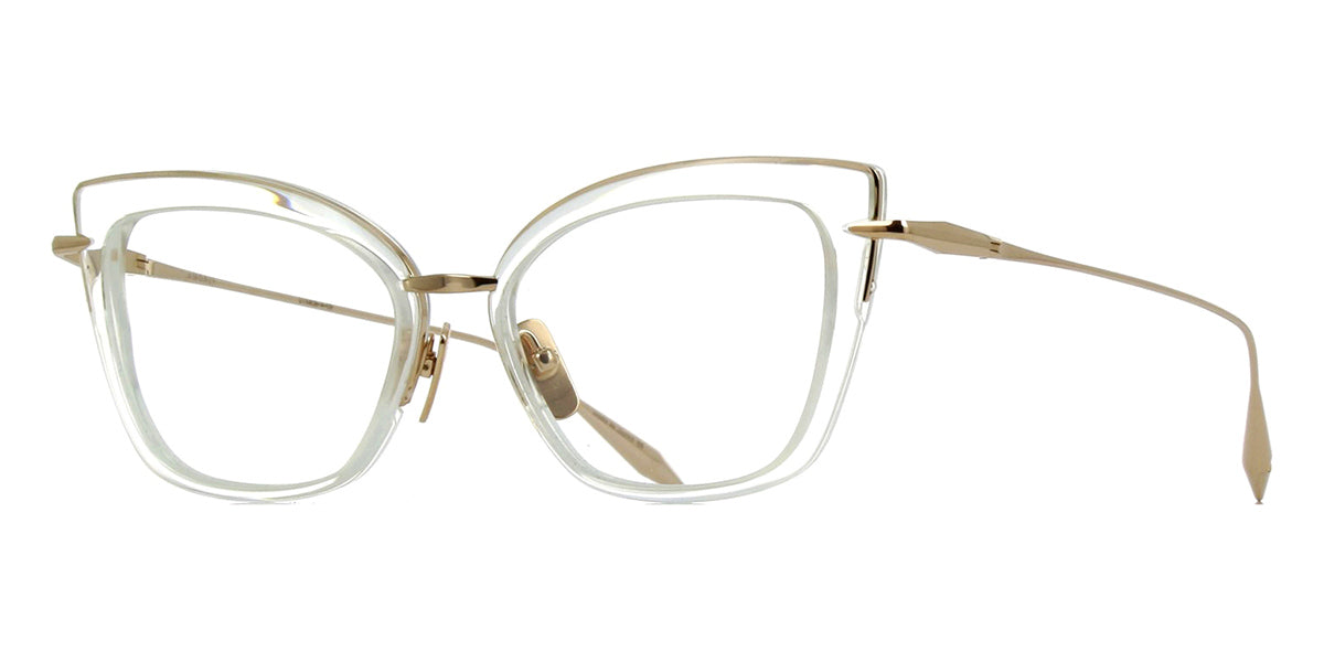 Three quarter view of luxury clear frame cat eye glasses