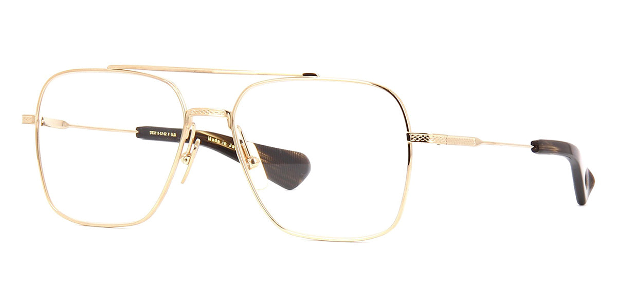 Three quarter view of gold wire Aviator spectacle frame with tortoise acetate temple tips