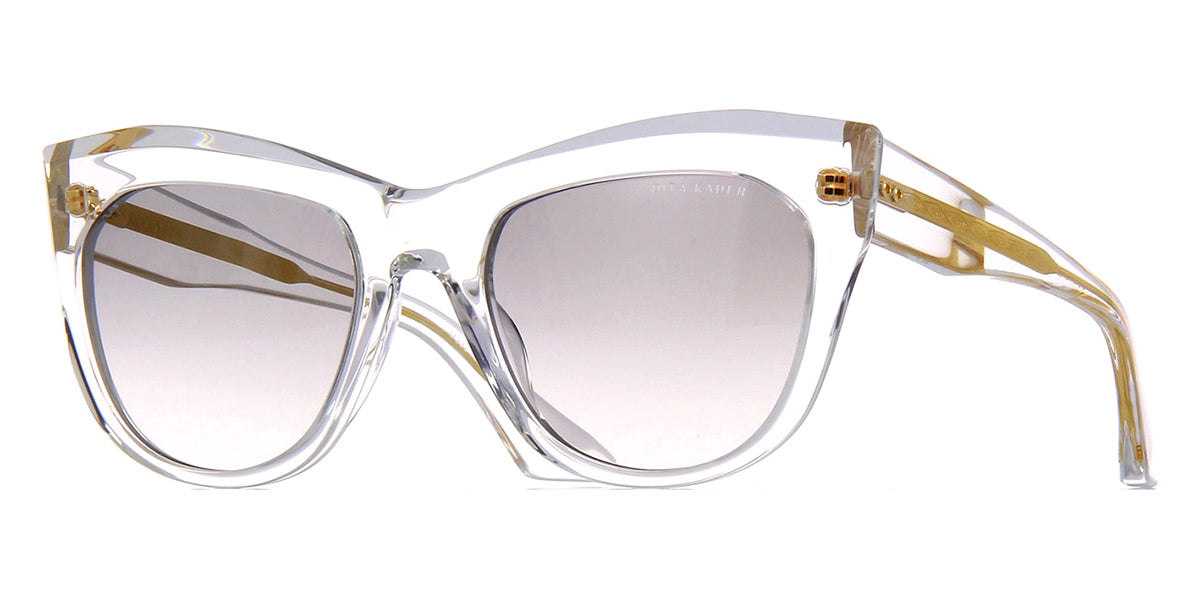 Three quarter view of clear frame cat eye sunglasses