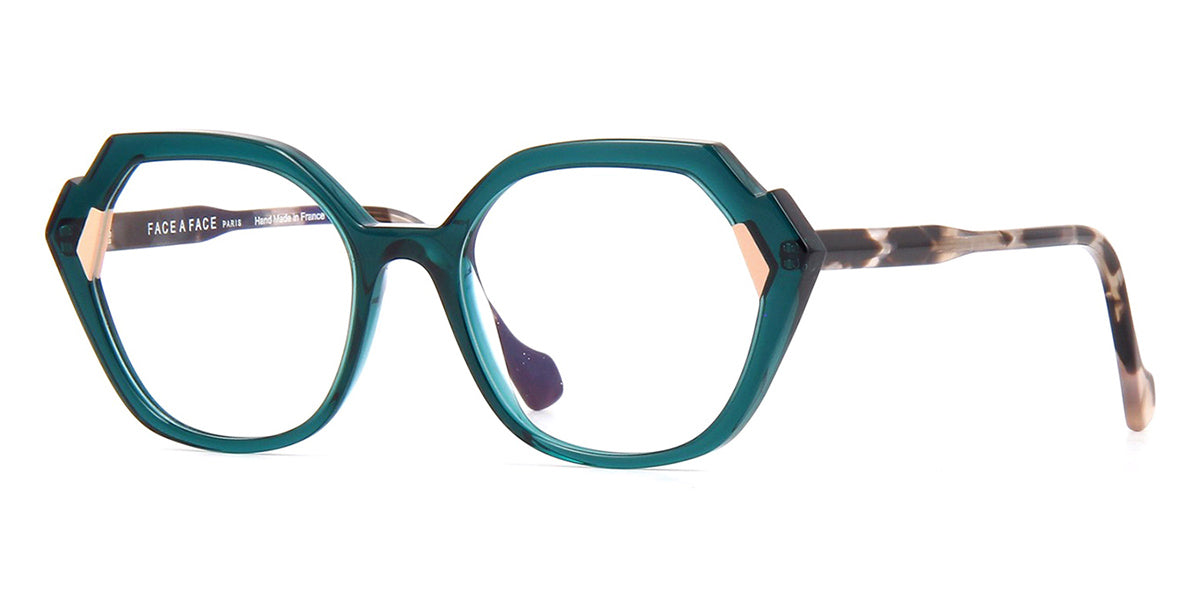 Side view of teal-coloured Geometric eyeglasses frame