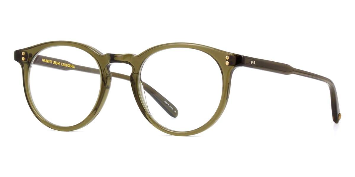 Three quarter view of round green eyeglasses frame