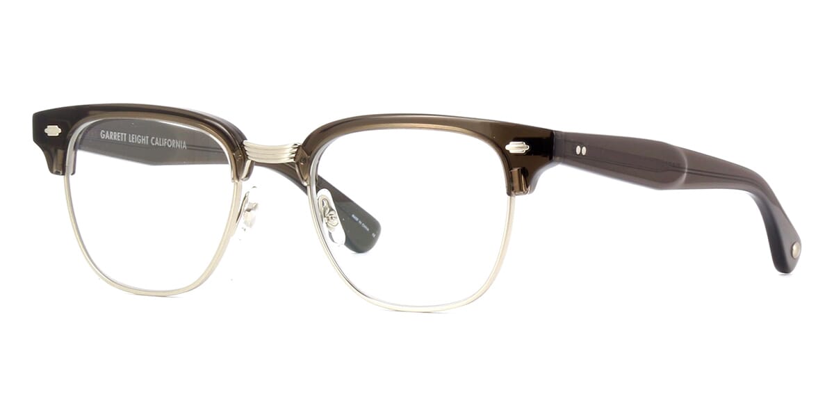 Three quarter view of semi rimless glasses frame with brown transparent acetate brow caps
