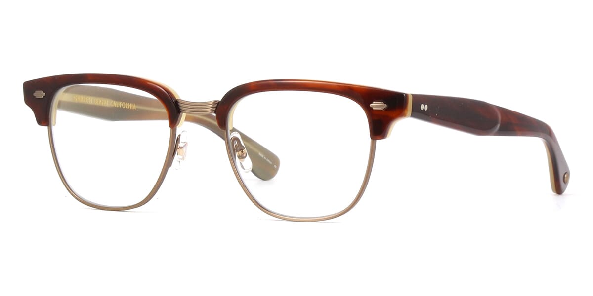 Side view of gold and burgundy brow line glasses frame