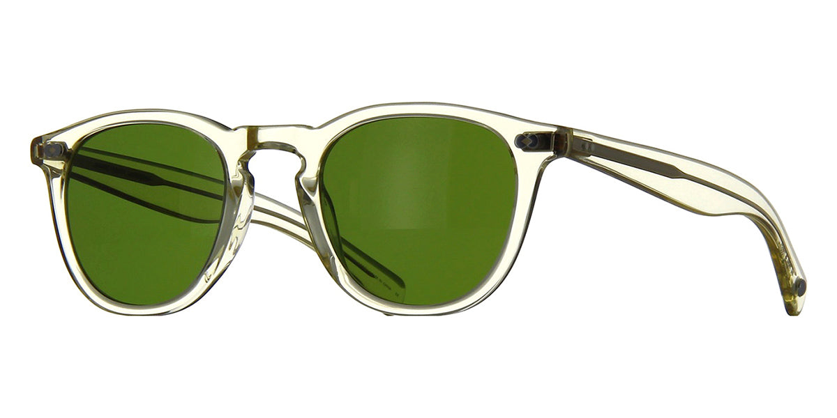 Three quarter view of clear frame sunglasses with green tinted lenses