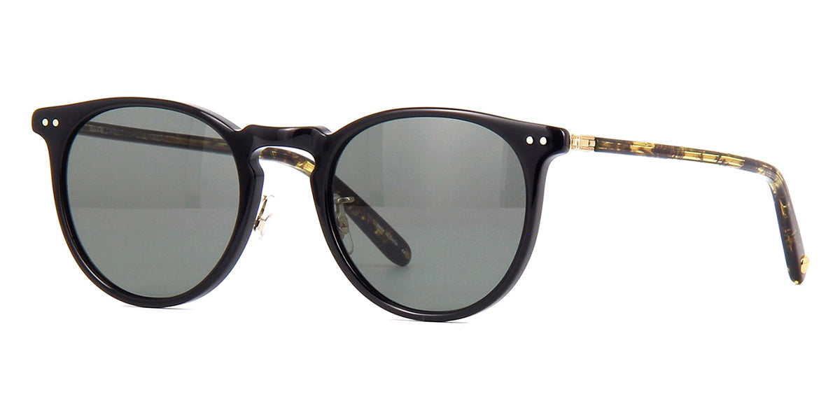 Three quarter view of oval black sunglasses frame with tortoise shell pattern temple arms