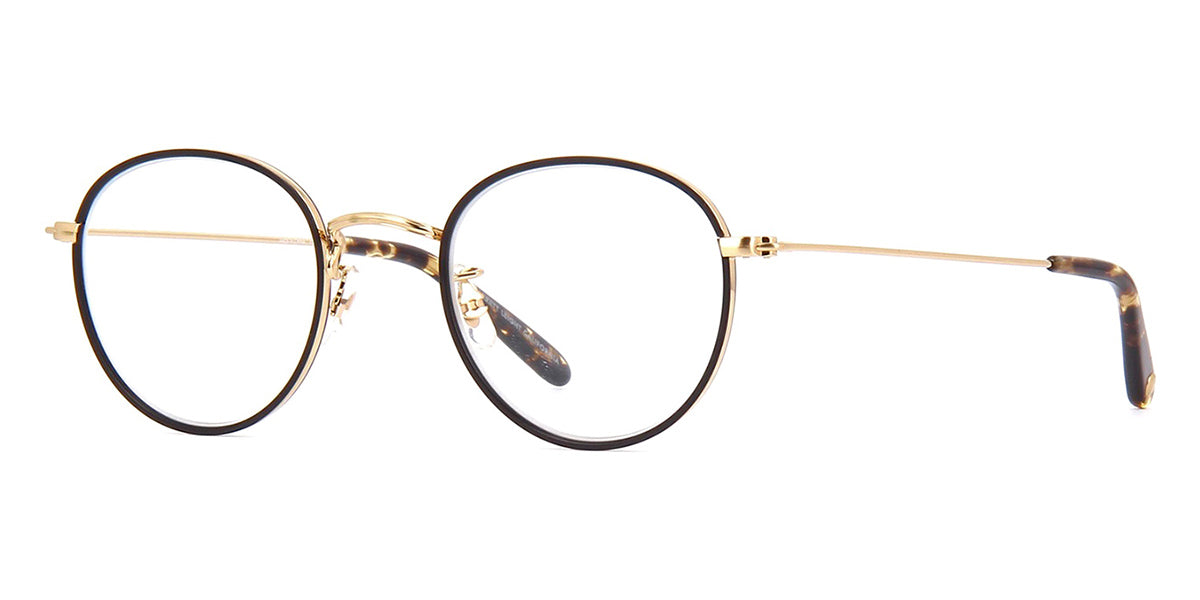 Three quarter view of round gold wire spectacles with black acetate Windsor rim