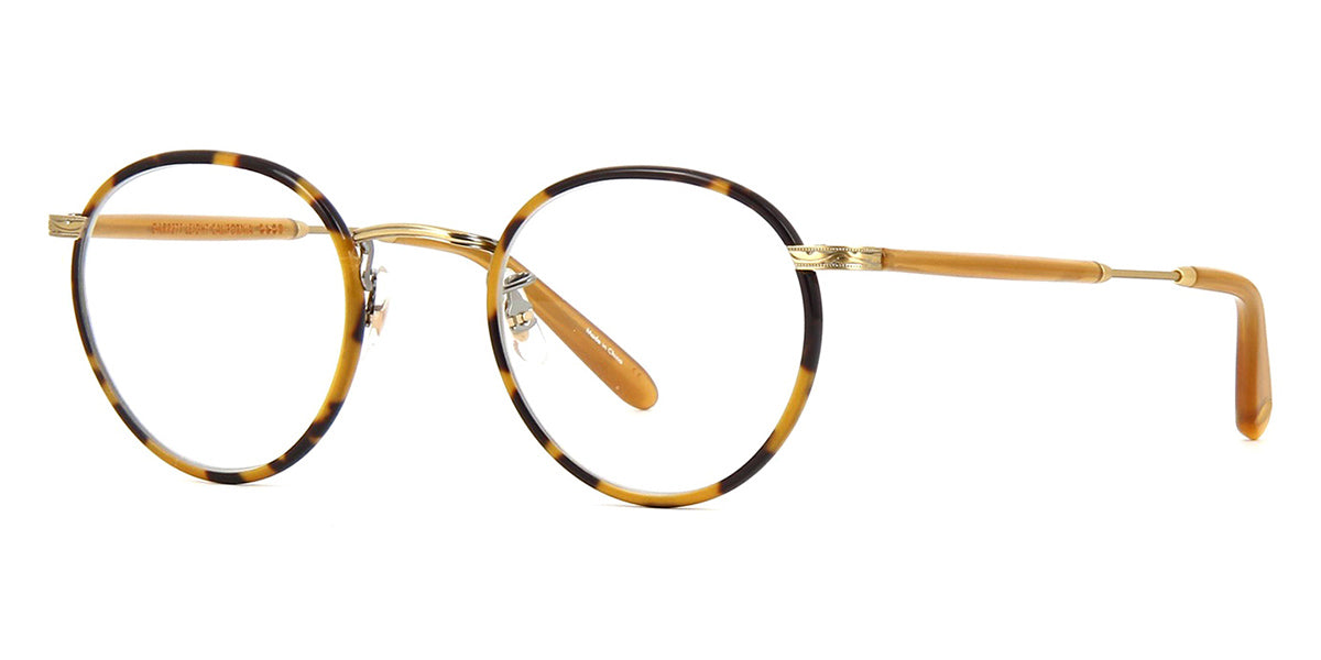 Three quarter view of round Windsor rim eyeglasses with Havana pattern trim