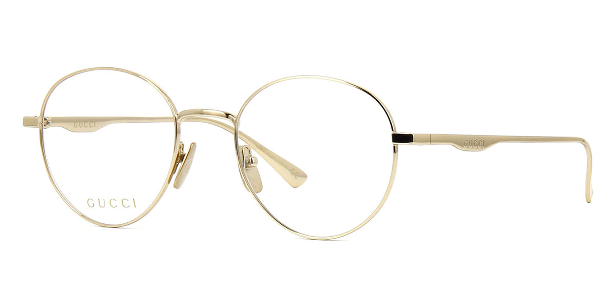Three quarter view of Gucci round wire eyeglasses