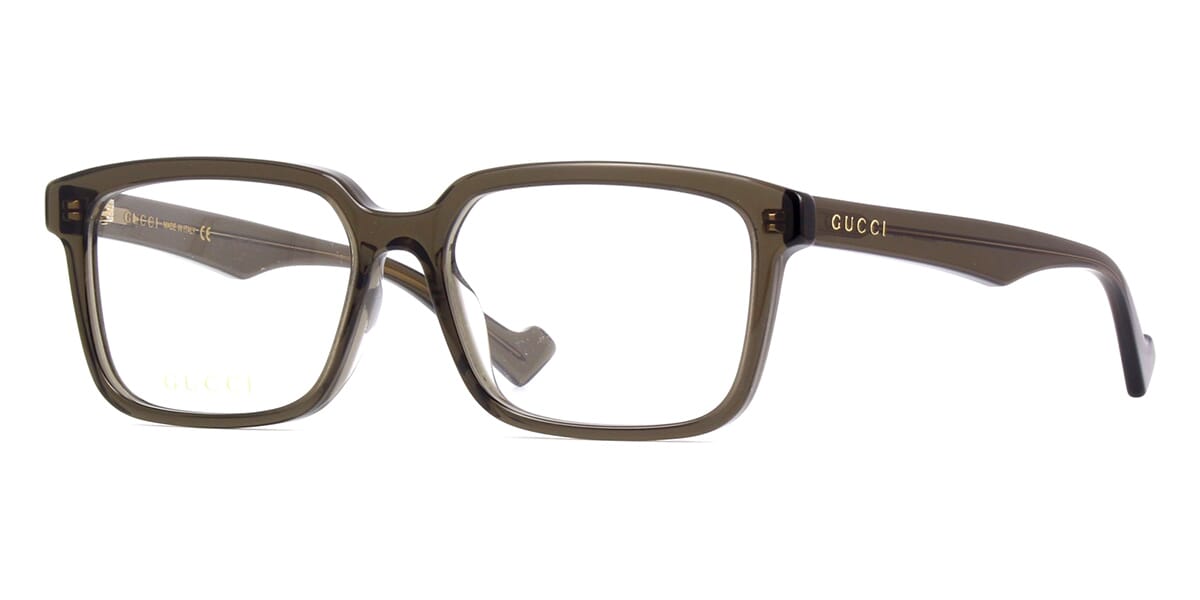 Side view of thick transparent brown eyeglasses frame