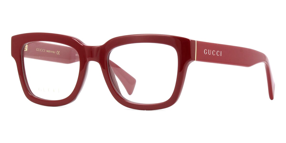Three quarter view of thick red eyeglasses frame