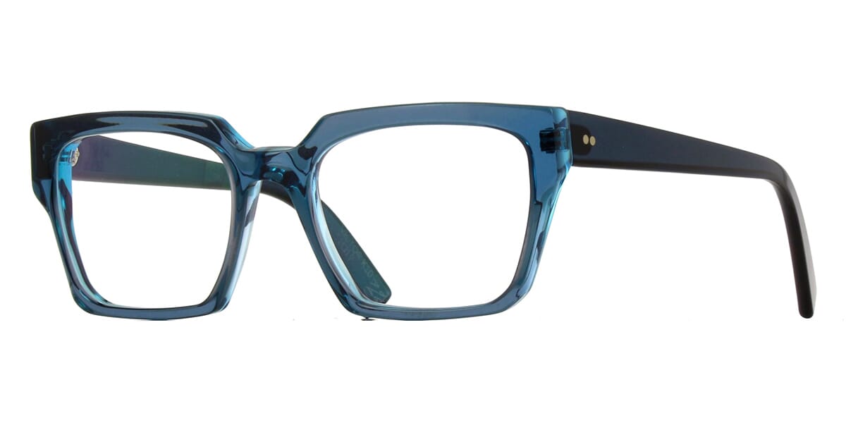 Side view of angular crystal blue spectacle frame