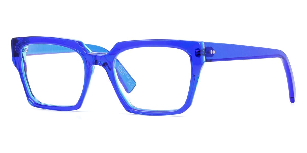 Side view of vivid blue spectacle frame
