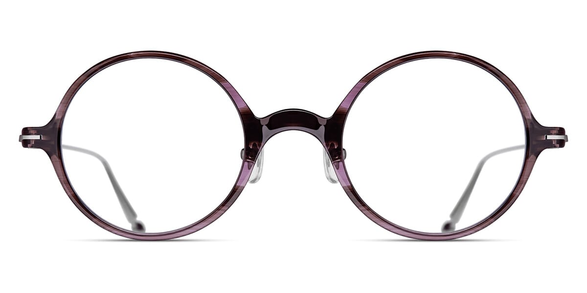 Front view of circular purple crystal eyeglasses frame