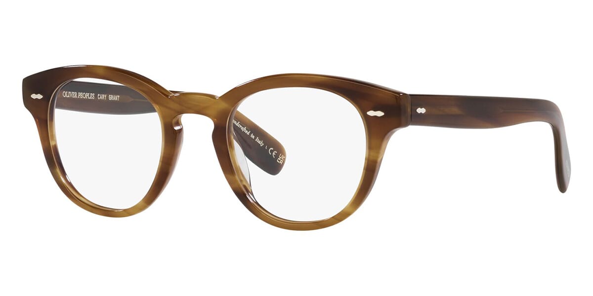 Side view of brown acetate Wayfarer eyeglasses frame