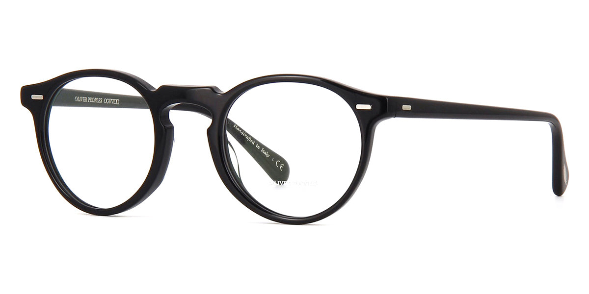 Side view of round black eyeglasses frame