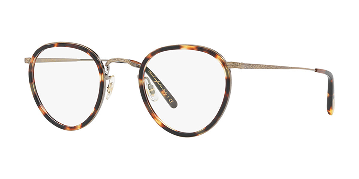 Three quarter view of round wire eyeglasses frame with tortoiseshell acetate Windsor rim