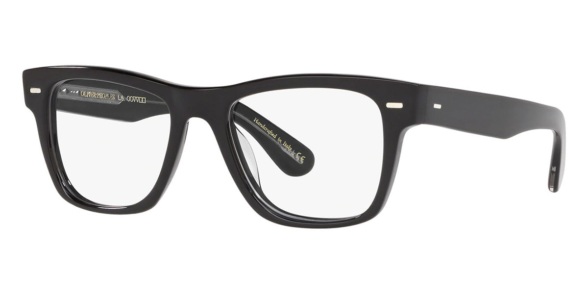 Side view of black rectangular glasses frame
