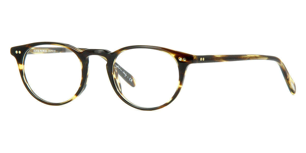 Three quarter view of tortoiseshell Oliver Peoples Riley eyeglasses