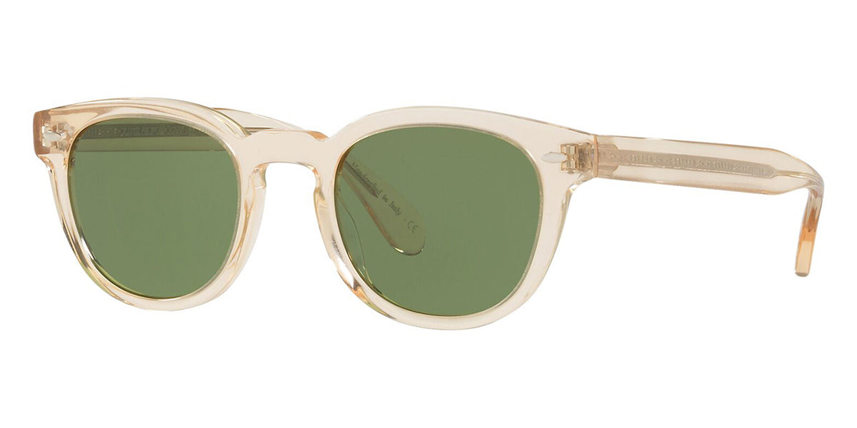 Three quarter view of crystal nude sunglasses frame with green tinted lenses