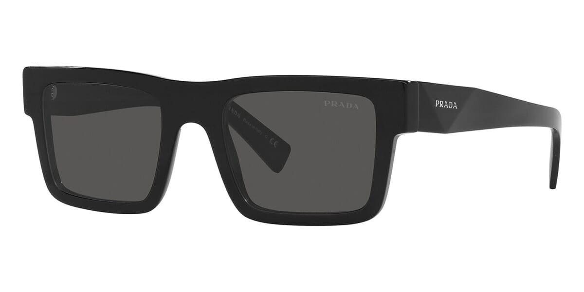 Three quarter view of black square Prada sunglasses frame