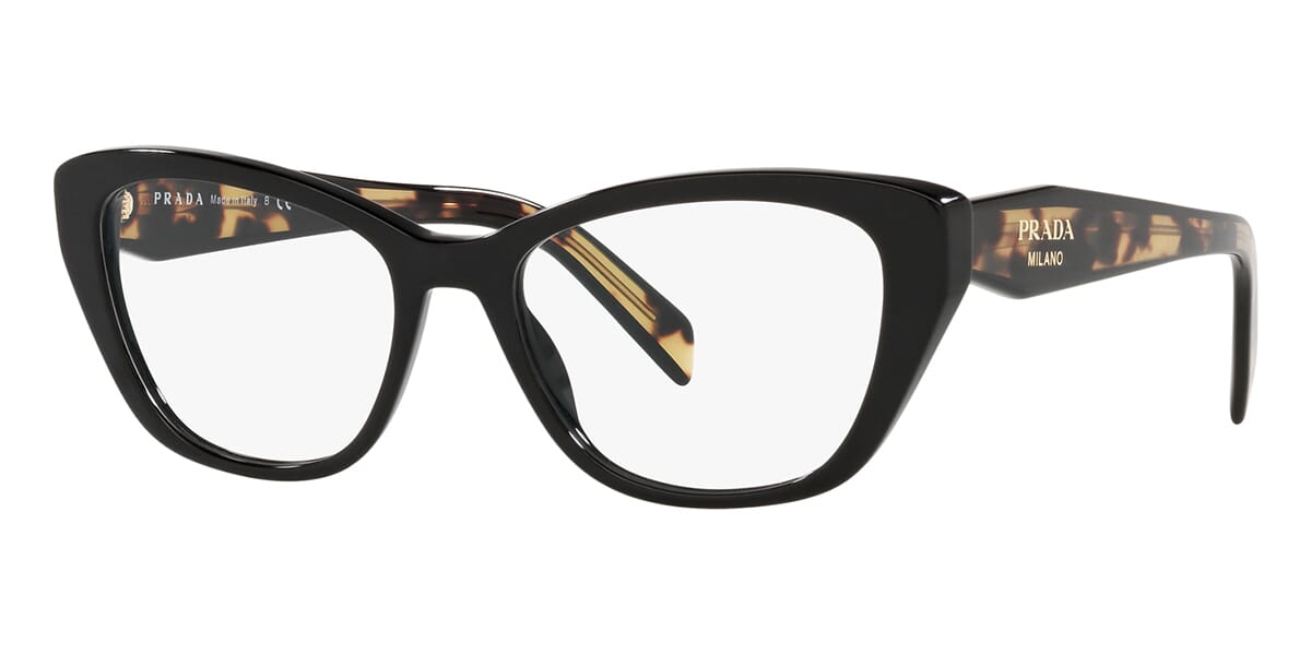 Three quarter view of black and tortoise cat eye glasses frame