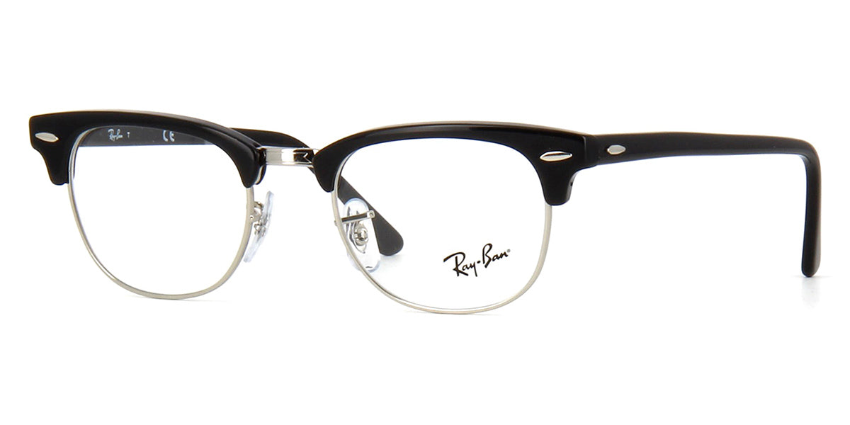 Three quarter view of RayBan black and silver Clubmaster eyeglasses
