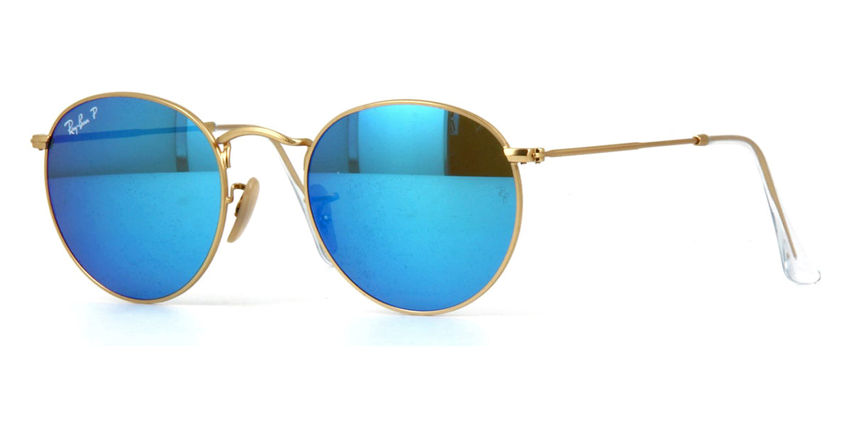 Side view of round gold wire sunglasses with blue lenses