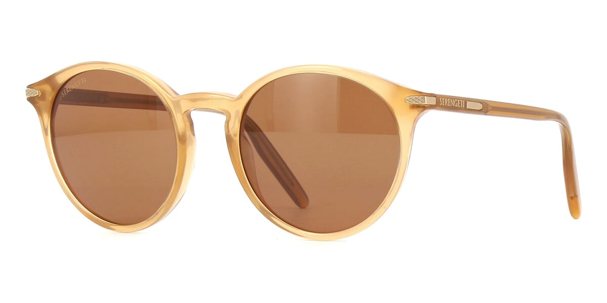 Side view of round brown sunglasses with gold mirror lenses