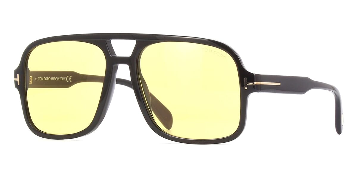 Three quarter view of thick black Aviator spectacles with lightly tinted yellow lenses