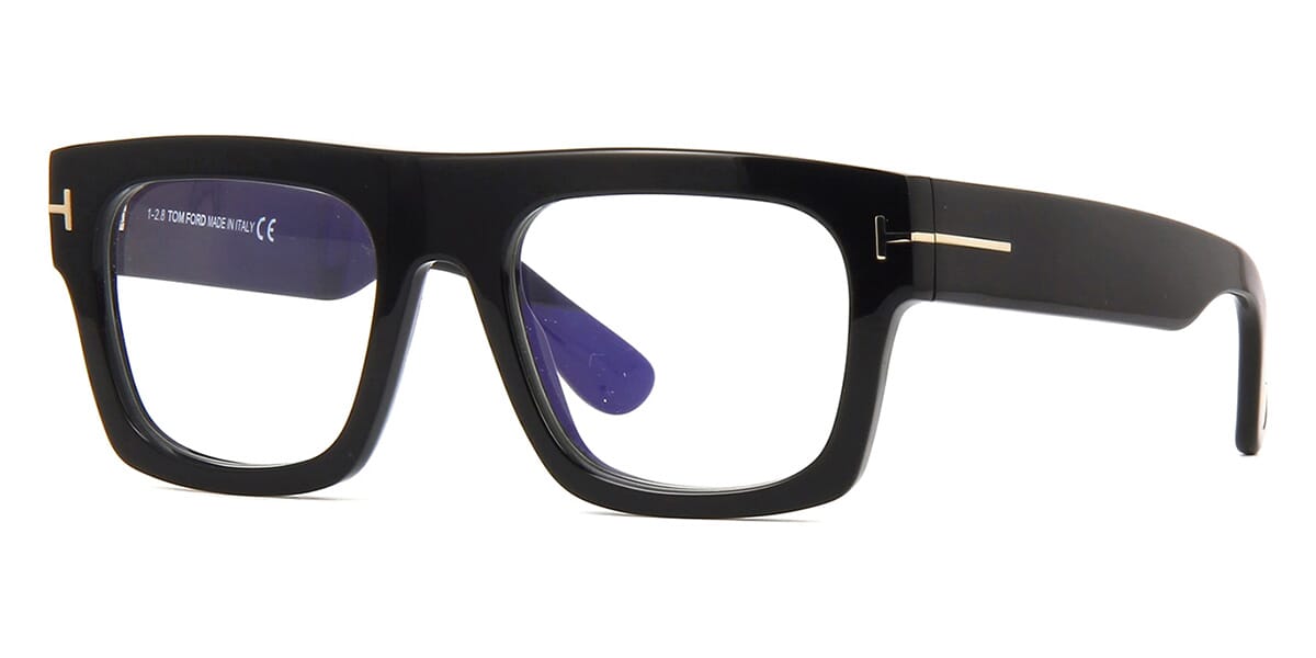Three quarter view of thick black flat-top eyeglasses frame